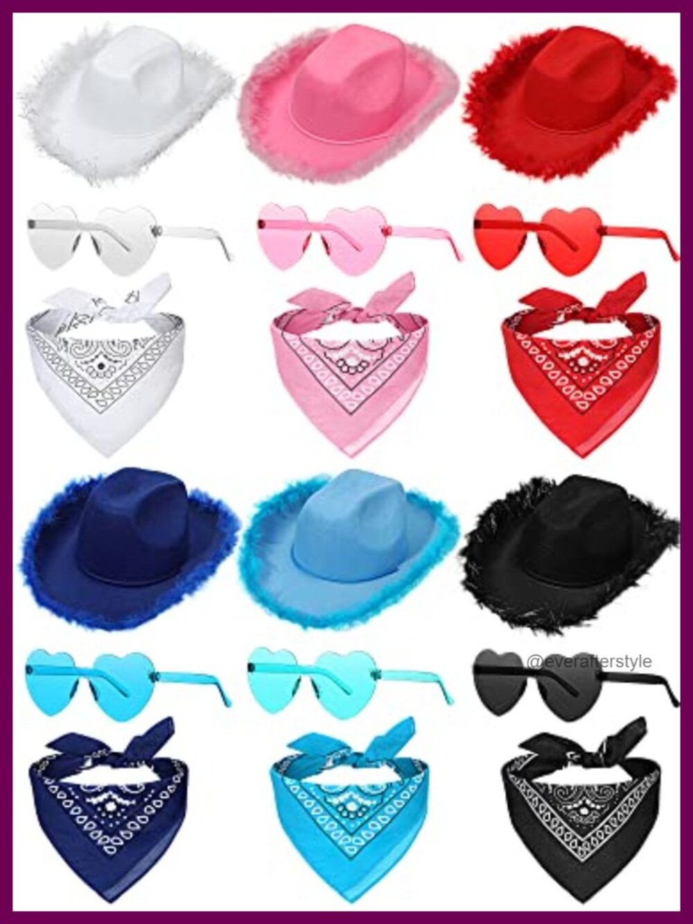 6 Pc Cowboy Hat Set with Feather Heart Sunglasses Bandana
